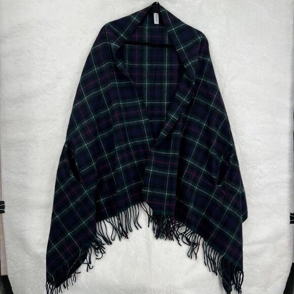 J.CREW Jackets & Blazers - J Crew Plaid Wrap Womens One Size Navy Green Wool Blend Fringe Shawl Poncho